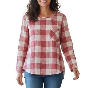 Cloth & Stone Pink Gingham Linen Blend Top Size Medium Buffalo Check Long Sleeve